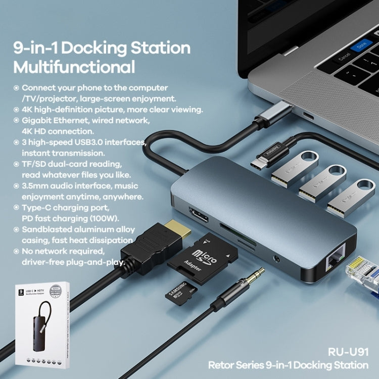 Remax RU-U91 Retor Series 9 In 1 Multi-function Type-C / USB-C HUB Docking?Station