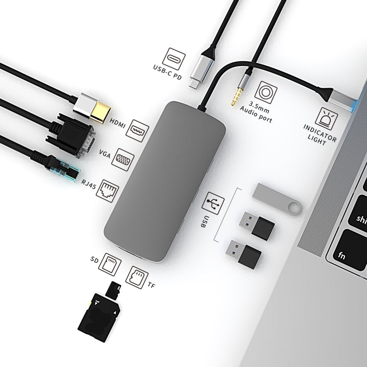 BL10V 10 in 1 USB-C / Type-C to RJ45 + VGA + HDMI + 3.5mm AUX + SD / TF Card Slot + PD USB-C / Type-C + USB 3.0 + 2 USB 2.0 Ports Docking Station HUB