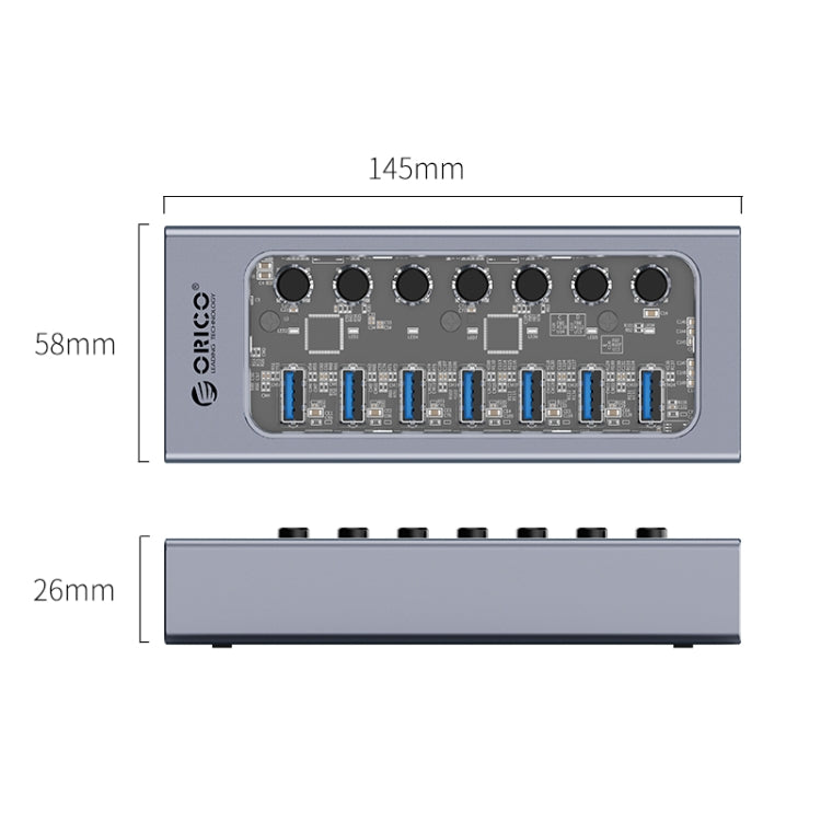 ORICO AT2U3-7AB-GY-BP 7 In 1 Aluminum Alloy Multi-Port USB HUB with Individual Switches,