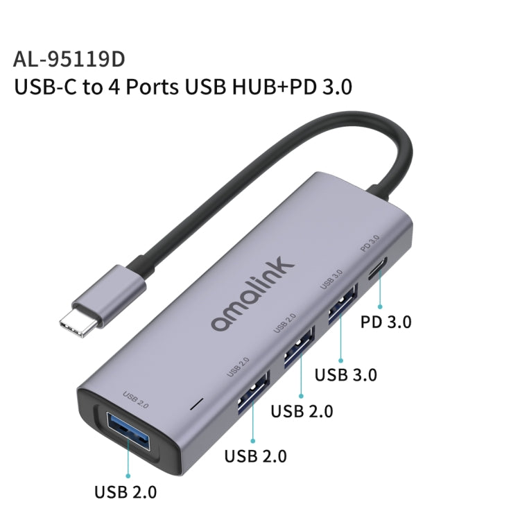 amalink 95119D Type-C / USB-C to 4 Ports USB + PD 3.0 Multi-function HUB Docking Station