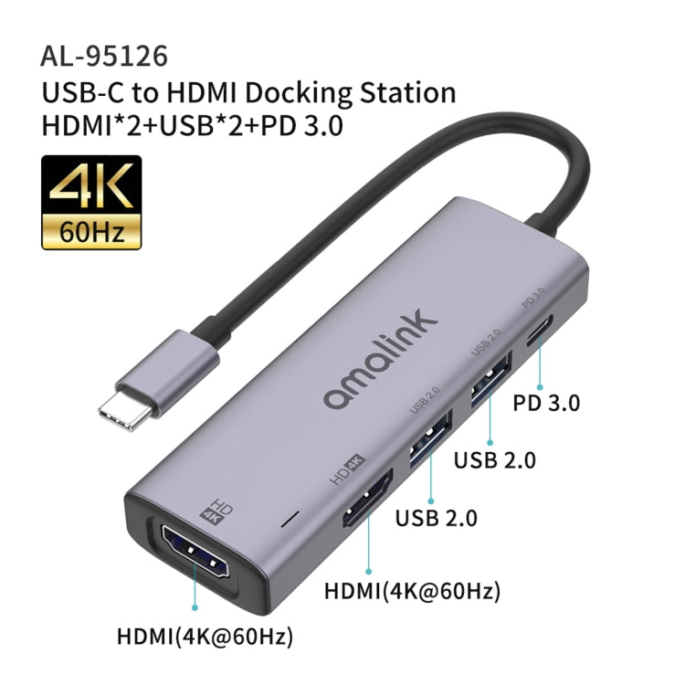 amalink 95126 Type-C / USB-C to Dual HDMI + 2 Ports USB + PD 3.0 Multi-function HUB