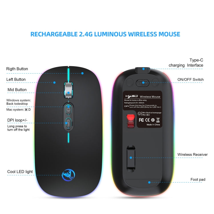 HXSJ M103FG 1600dpi Adjustable 2.4G RGB Light Wireless Mouse