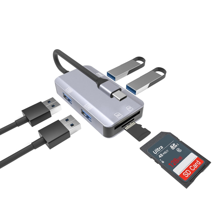 NK-3049H 6 in 1 USB-C / Type-C to TF / SD Card Slot + USB 3.0 + 3 USB 2.0 Female Adapter