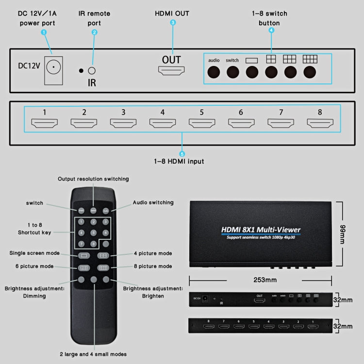 NK-818 HDMI 8x1 Multi-Viewer Supports Seamless Switch 1080P, US Plug