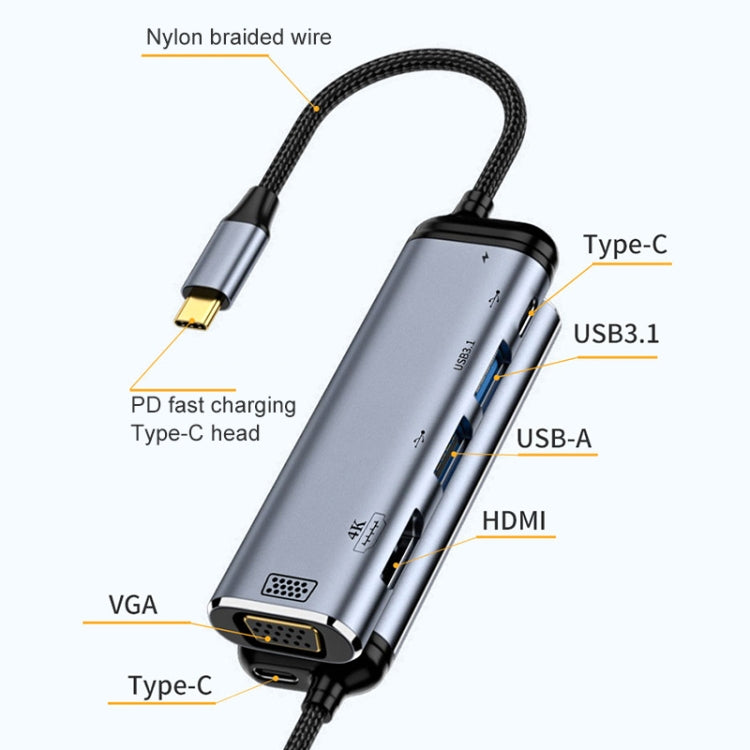 Y002 6 in 1 Type-C to VGA+HDMI+Dual USB+Dual USB-C/Type-C Interface Multi-function Adapter