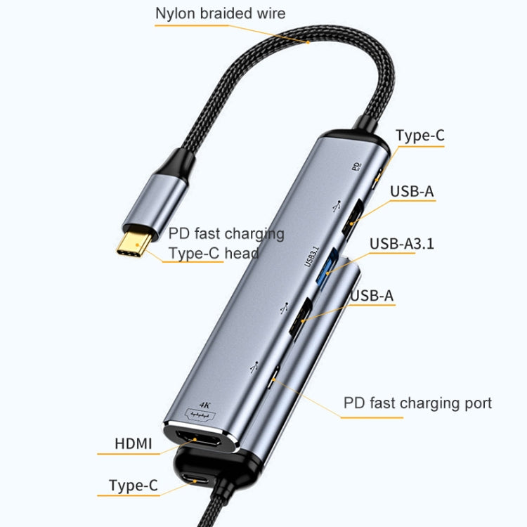 Y004 6 in 1 USB-C/Type-C to HDMI+USB 3.1+Dual USB 2.0+Dual USB-C/Type-C Interface Multifunctional Adapter