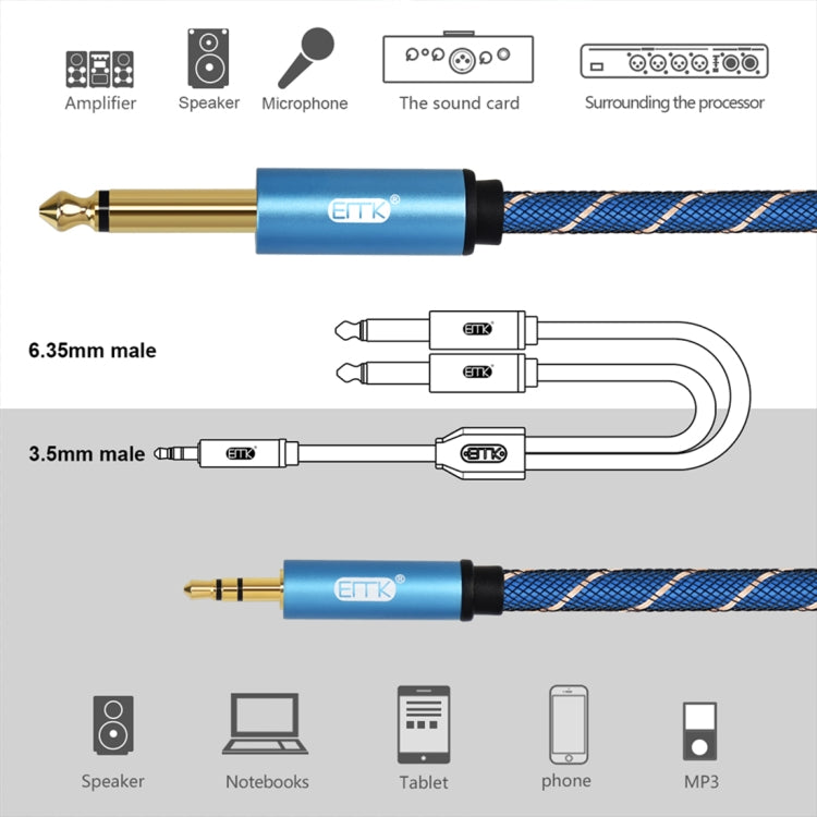 EMK 3.5mm Jack Male to 2 x 6.35mm Jack Male Gold Plated Connector Nylon Braid AUX Cable for Computer / X-BOX / PS3 / CD / DVD