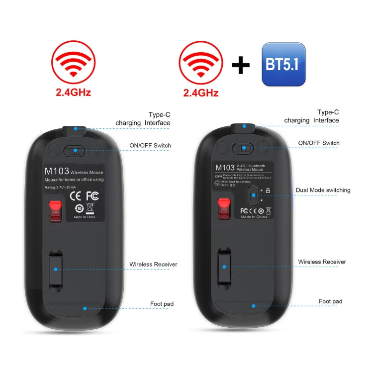 HXSJ M103 1600DPI Dual Mode 2.4GHz + Bluetooth 5.1 Wireless Rechargeable Mouse