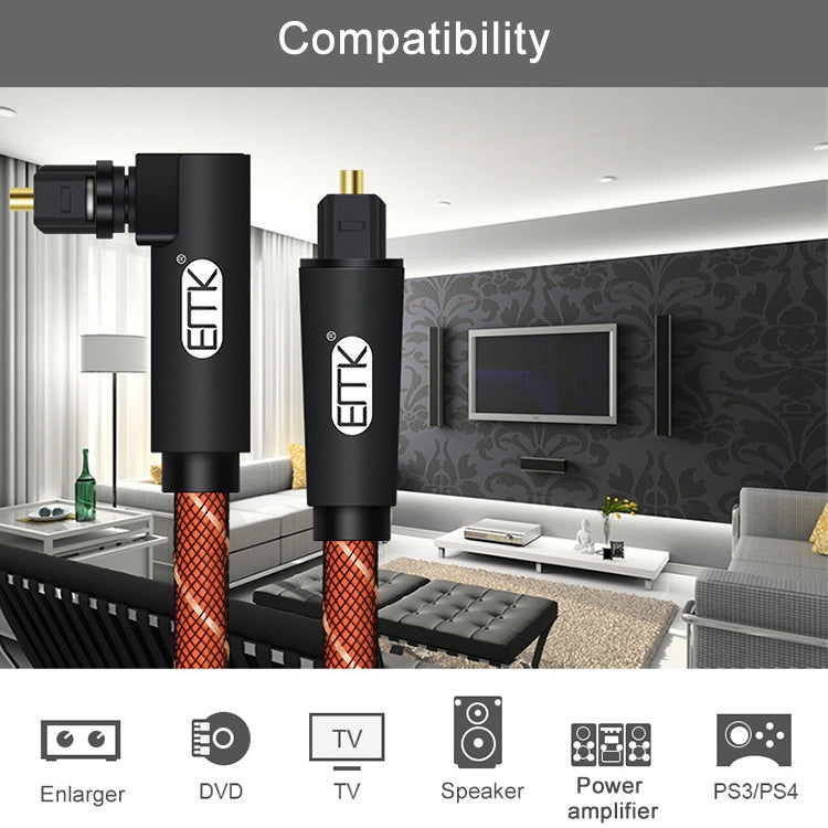 EMK 90 Degree Swivel Adjustable Right Angled 360 Degrees Rotatable Pulg Nylon Woven Mesh Optical Audio Cable