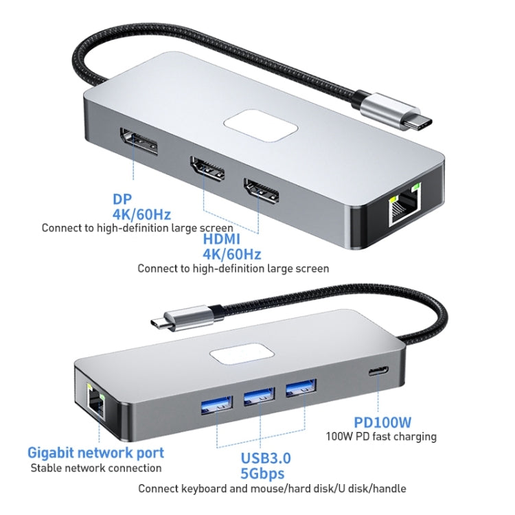 BYL-2401 8 in 1 Type-C to PD100W + USB3.0 + HDMI + DP + RJ45 HUB Docking Station