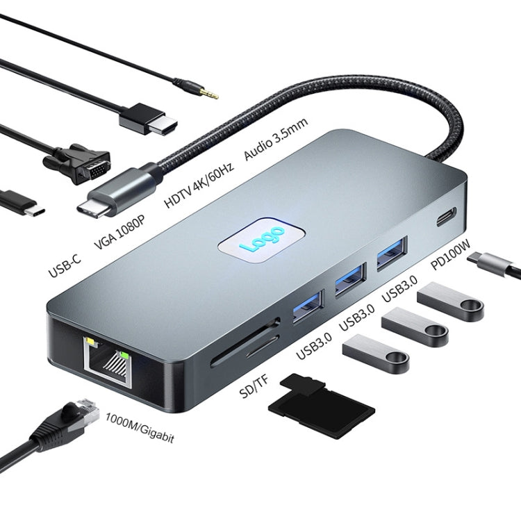 BYL-2411 11 in 1 Type-C HUB Docking Station with 3 x USB3.0, PD100W,  SD/TF, RJ45, Type-C, VGA, HDTV, 3.5mm Jack