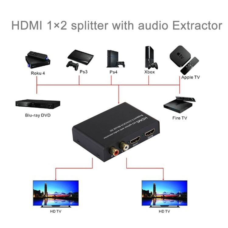 HDMI 1x2 Splitter with Audio Extractor, Support 5.1CH / 2CH, 4Kx2K, 3D