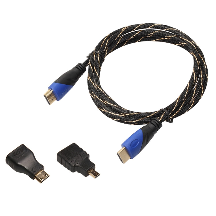 1.8m HDMI 1.4 Version 1080P Woven Net Line Blue Black Head HDMI Male to HDMI Male Audio Video Connector Adapter Cable with Mini HDMI & Micro HDMI Adapter Set