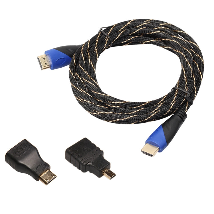 5m HDMI 1.4 Version 1080P Woven Net Line Blue Black Head HDMI Male to HDMI Male Audio Video Connector Adapter Cable with Mini HDMI & Micro HDMI Adapter Set