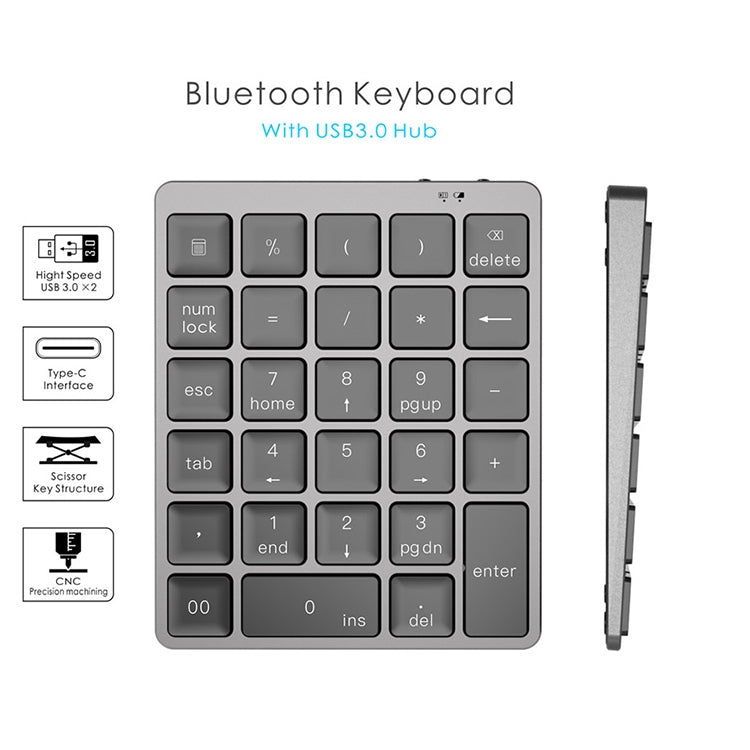 N970 Pro Dual Modes Aluminum Alloy Rechargeable Wireless Bluetooth Numeric Keyboard with USB HUB