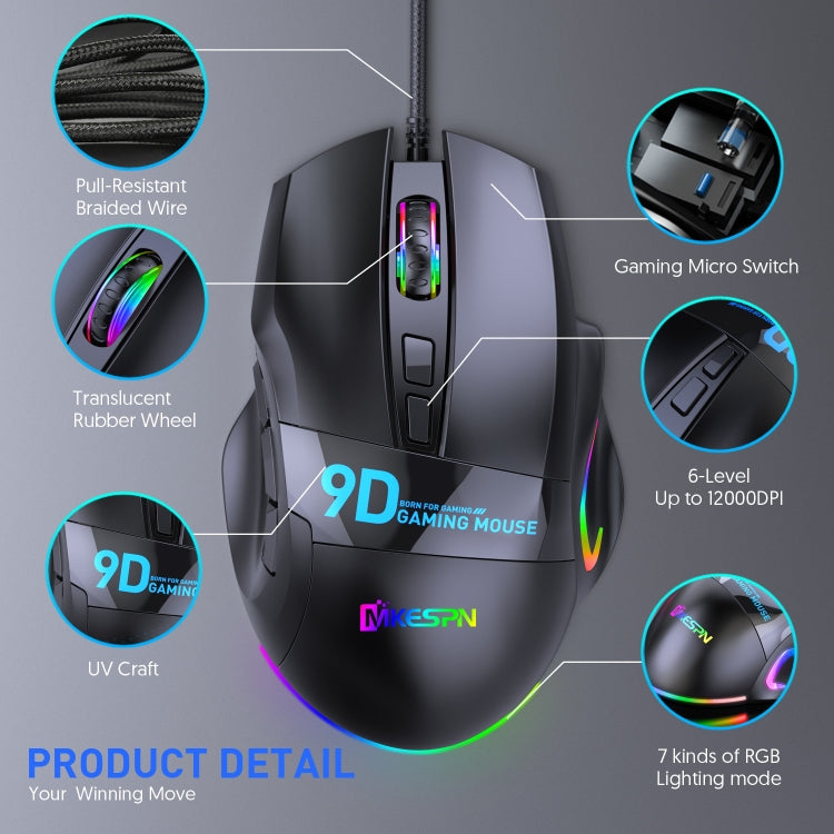 MKESPN X10 9-Buttons RGB Wired Macro Definition Gaming Mouse