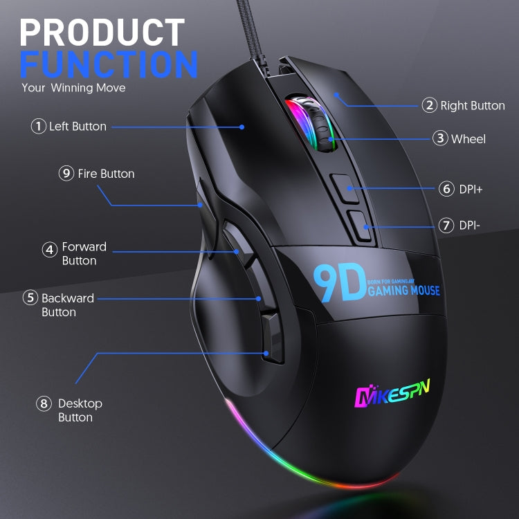 MKESPN X10 9-Buttons RGB Wired Full Speed Macro Definition Gaming Mouse