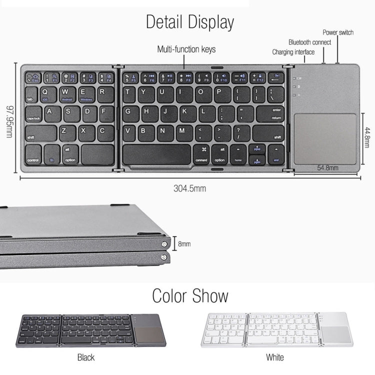 B033 Rechargeable 3-Folding 64 Keys Bluetooth Wireless Keyboard with Touchpad