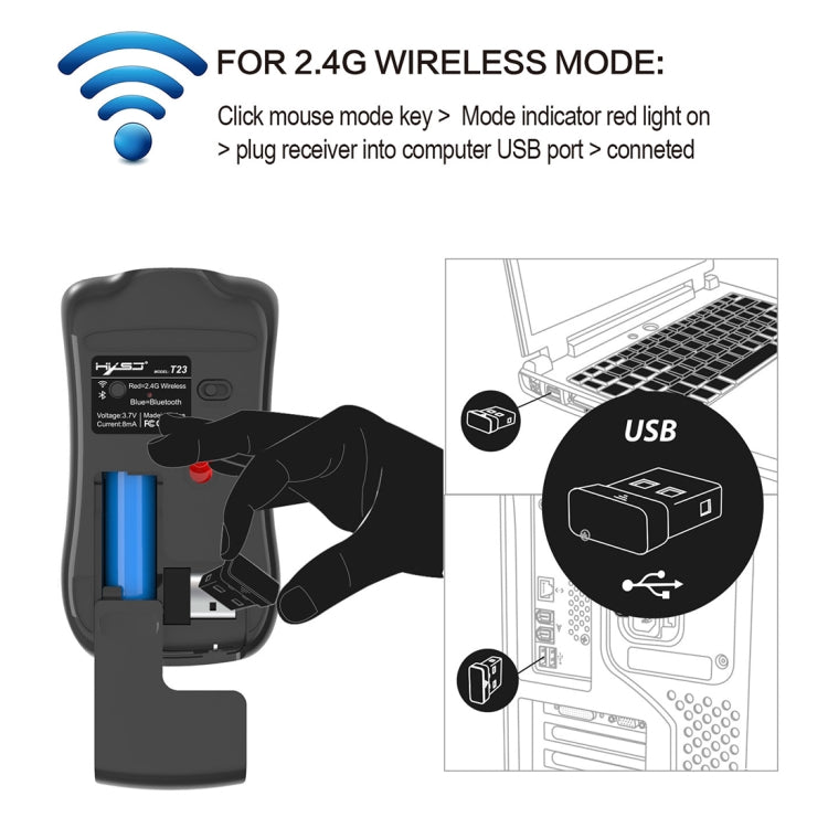 HXSJ T23 Bluetooth 5.0 + Bluetooth 3.0 + 2.4GHz Wireless Three Modes 4-Keys 1600 DPI Adjustable Ergonomics Optical Mouse