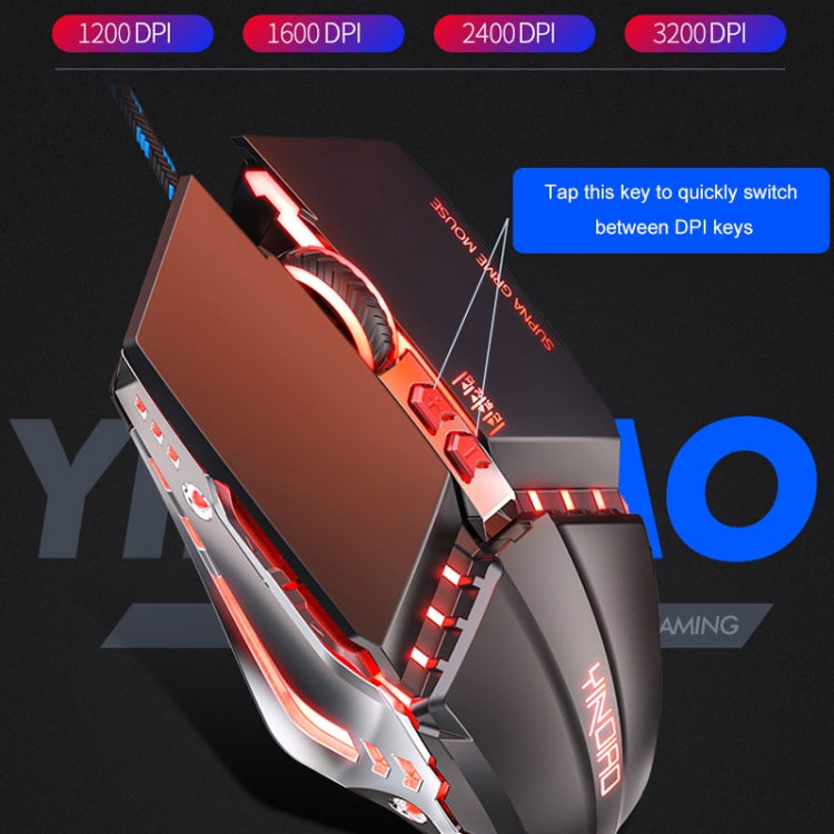 YINDIAO 3200DPI 4-modes Adjustable 7-keys RGB Light Wired Metal Mechanical Hard Core Macro Mouse, Style: Silent Version