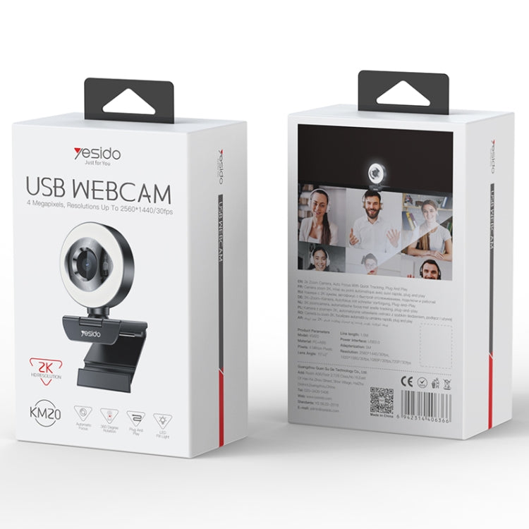 Yesido KM20 2K Zoom 4.0MP HD USB Webcam, Cable Length 1.5m with Fill Light