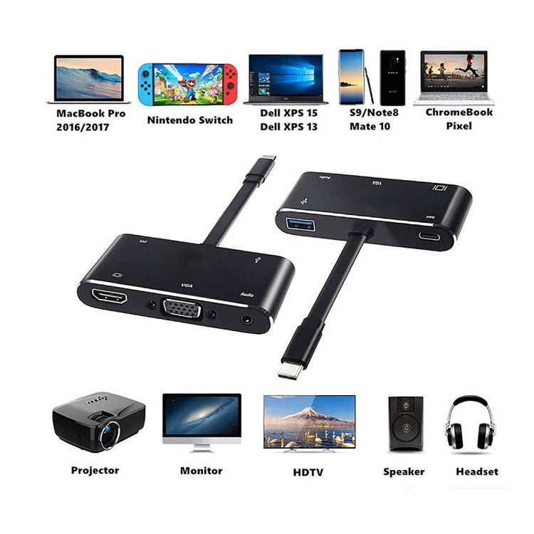 V126 UCB-C / Type-C Male to PD + HDMI + VGA + Audio + USB 3.0 Female 5 in 1 Converter