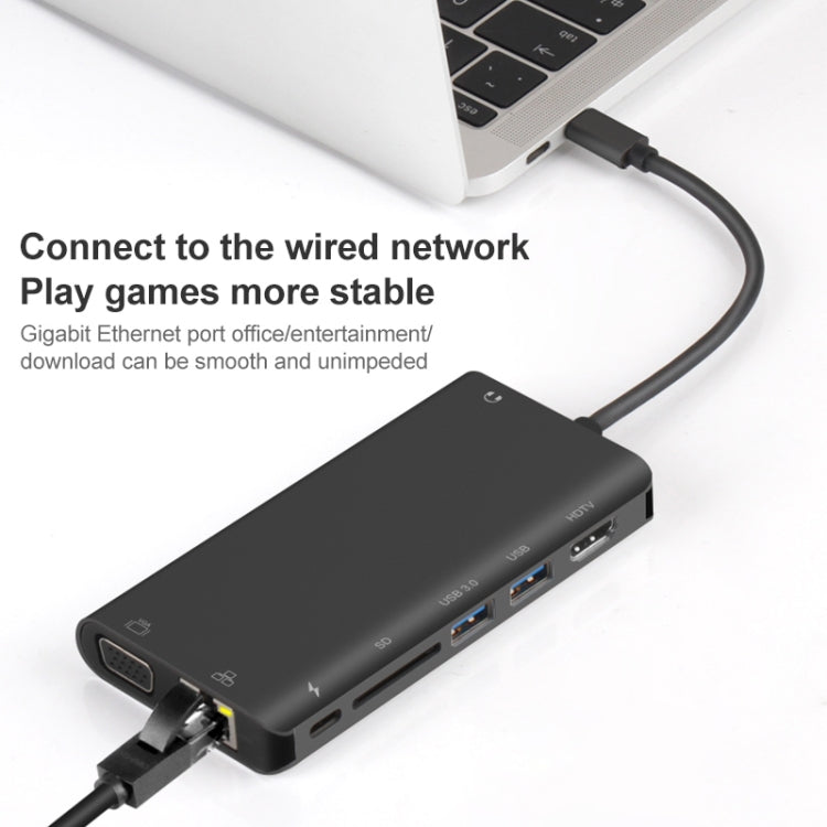 Onten 9591BD 8 in 1 USB-C / Type-C to PD USB-C / Type-C Charging + 100M Ethernet Port + Dual USB 3.0 + HDMI + VGA + SD Card Slot + 3.5mm AUX HUB