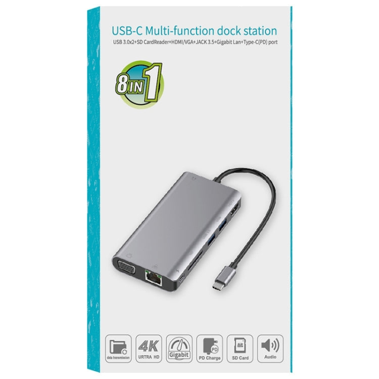 Onten 9591BD 8 in 1 USB-C / Type-C to PD USB-C / Type-C Charging + 100M Ethernet Port + Dual USB 3.0 + HDMI + VGA + SD Card Slot + 3.5mm AUX HUB