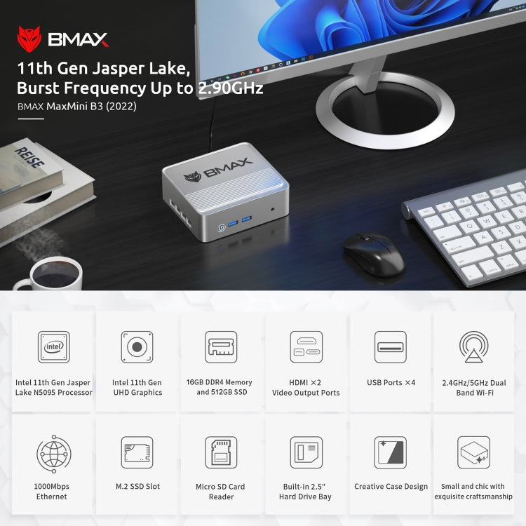 BMAX B3 Windows 11 Mini PC, 16GB+512GB, Intel Jasper Lake N5095, Support HDMI / RJ45 / TF Card, US Plug