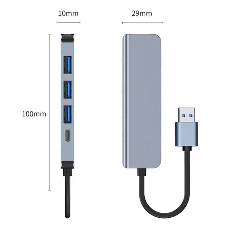 5 in 1 USB to USB3.0+USB2.0x3+USB-C / Type-C HUB Adapter, Cable Length: 10cm