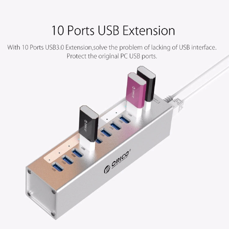 ORICO A3H10 Aluminum High Speed 10 Ports USB 3.0 HUB with Power Adapter for Laptops