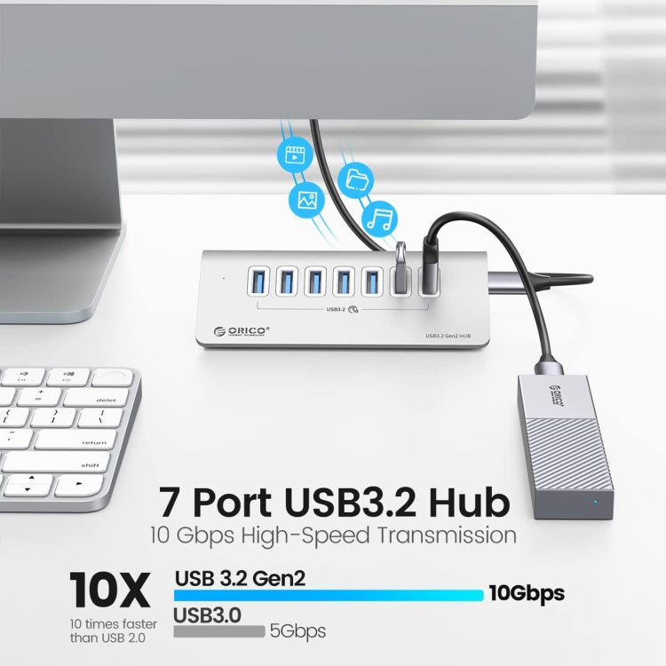 ORICO M3U7-G2 Aluminum Alloy 7-Port USB 3.2 Gen2 10Gbps HUB with 0.5m Cable