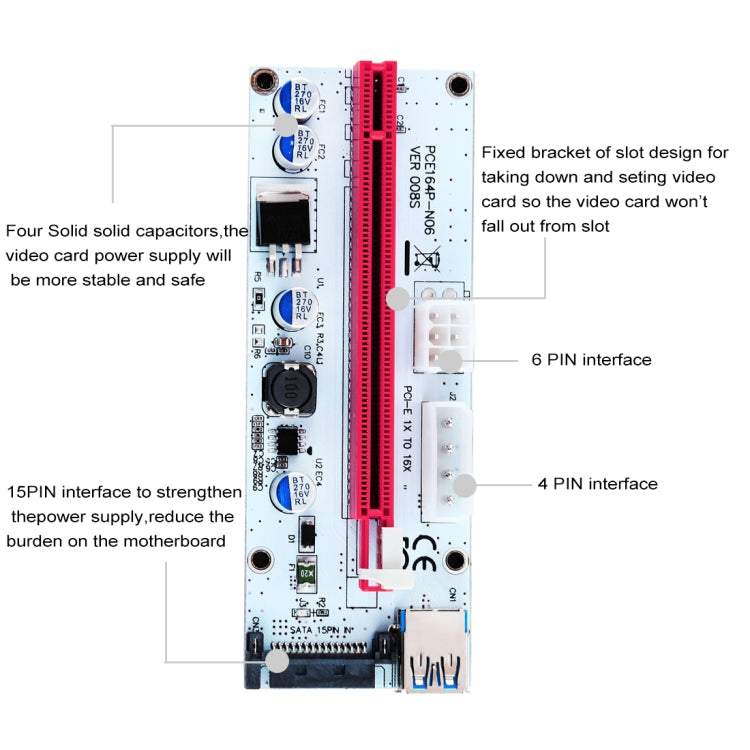 PCE164P-N06 VER008S USB 3.0 PCI-E Express 1x to 16x PCI-E Extender Riser Card Adapter 15 Pin SATA Power 6 Pin + 4 Pin Power Supply Port with 60cm USB Cable