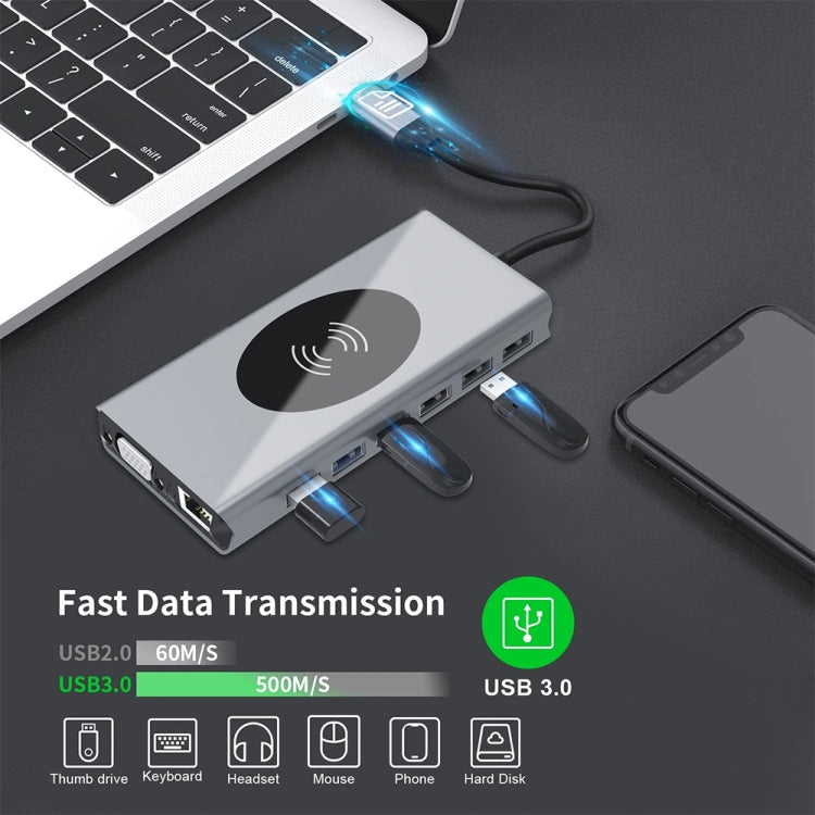 1093 13 in 1 USB HUB Type-C Docking Station with Wireless Charger Function