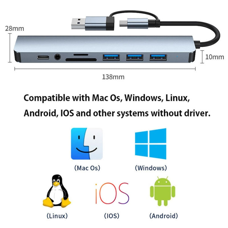 BYL-2218TU 8 in 1 USB + USB-C / Type-C to USB Multifunctional Docking Station HUB Adapter