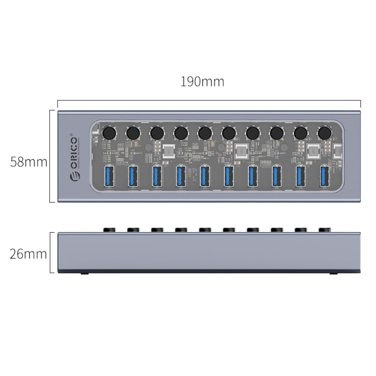 ORICO AT2U3-10AB-GY-BP 10 Ports USB 3.0 HUB with Individual Switches & Blue LED Indicator, EU Plug