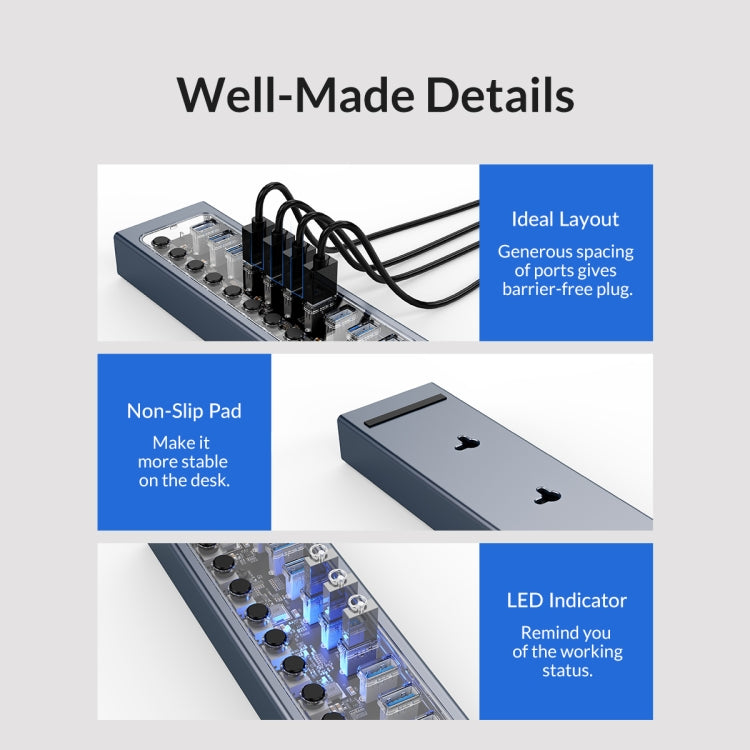 ORICO AT2U3-10AB-GY-BP 10 Ports USB 3.0 HUB with Individual Switches & Blue LED Indicator, EU Plug