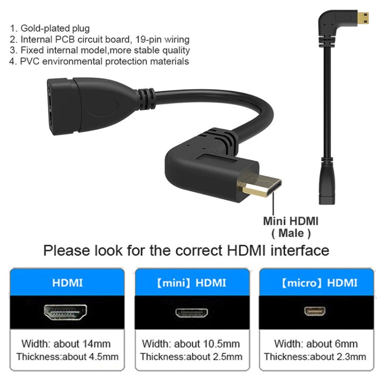 16cm Gold Plated Mini HDMI Male to HDMI 19 Pin Female Cable, 90 Degree Right Angle