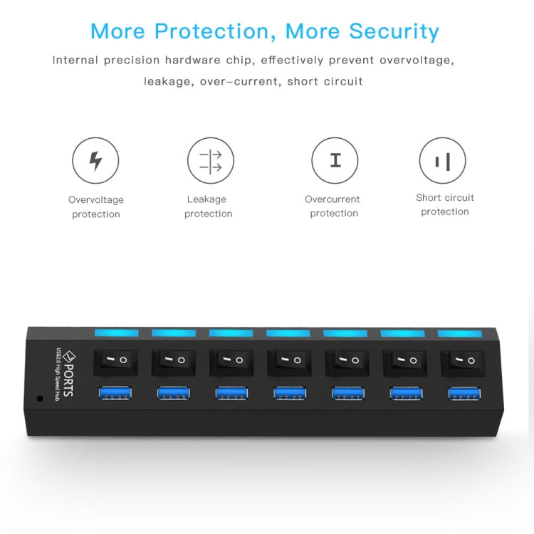 7 Ports USB 3.0 HUB, Super Speed 5Gbps, Plug and Play, Support 1TB