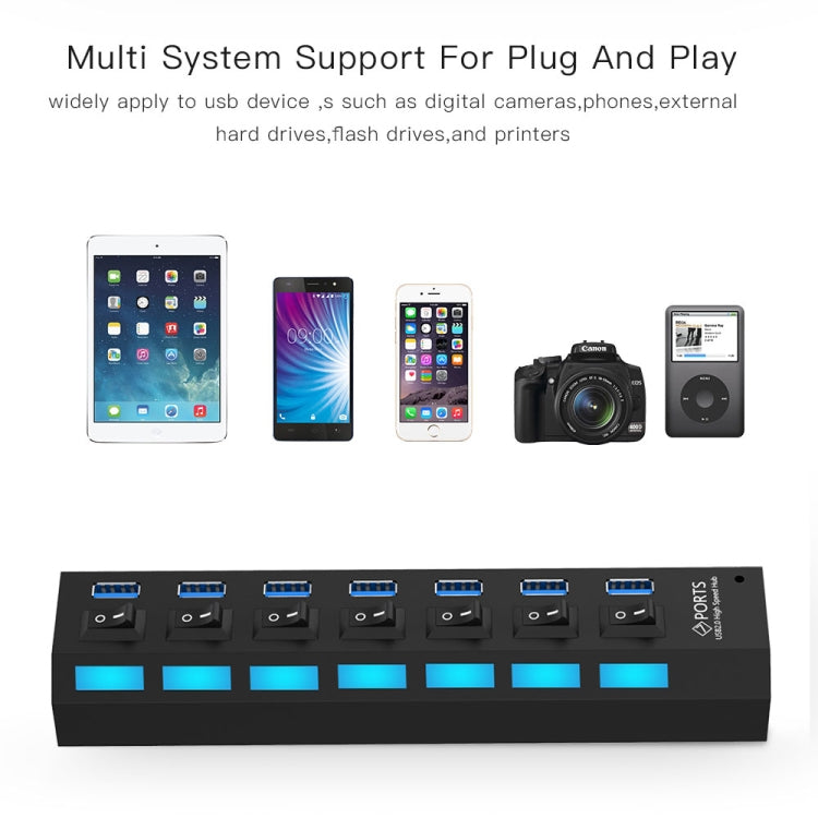 7 Ports USB 3.0 HUB, Super Speed 5Gbps, Plug and Play, Support 1TB