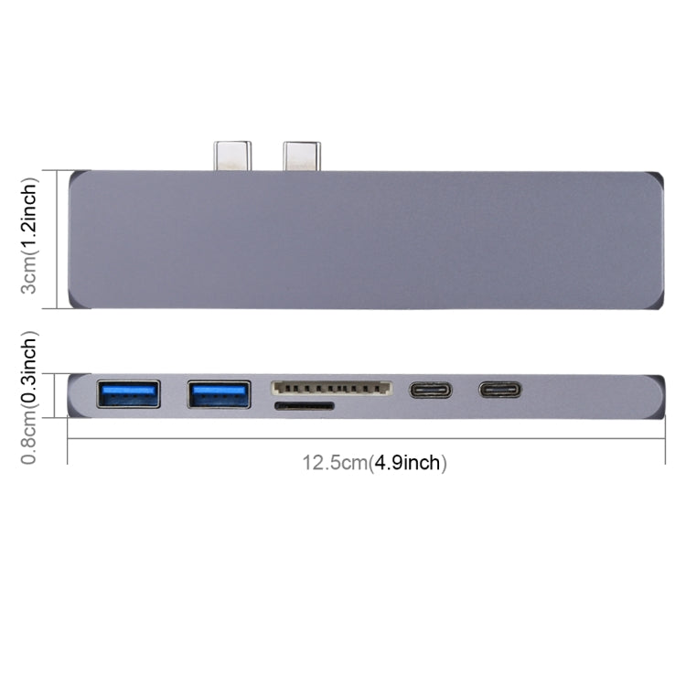 Multi-function Aluminium Alloy Dual USB-C / Type-C HUB Adapter with HDMI Female & 2 x USB 3.0 Ports & 2 x USB-C / Type-C Ports & SD Card Slot & TF Card Slot