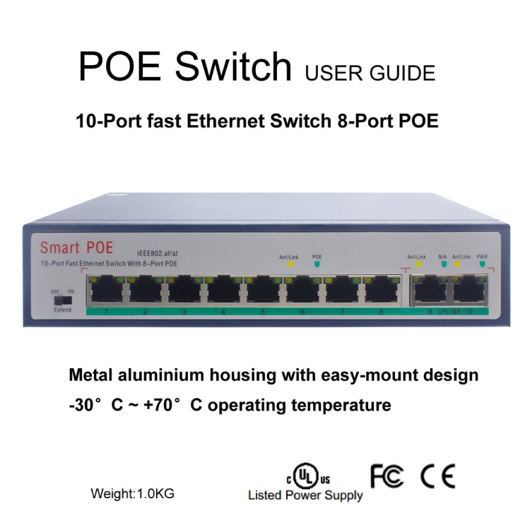 ESCAM POE 8+2 10-Port Fast Ethernet Switch 8-Port POE 10/100M 120W Network Switch, Transmission Distance: 150m