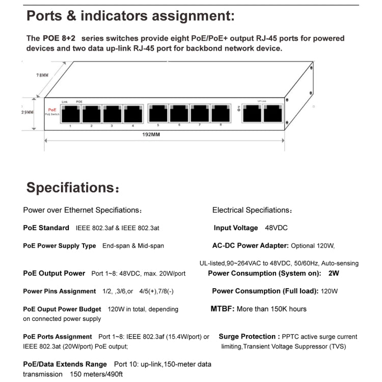 ESCAM POE 8+2 10-Port Fast Ethernet Switch 8-Port POE 10/100M 120W Network Switch, Transmission Distance: 150m