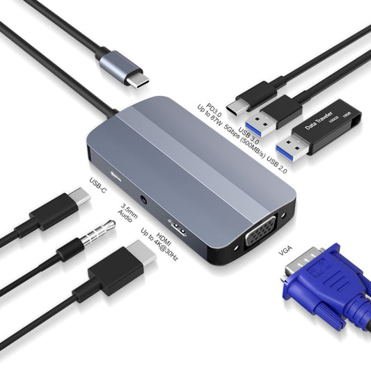 JUNSUNMAY 7 in 1 Type-C to 4K HDMI + VGA + 3.5mm Audio Docking Station Adapter PD Quick Charge Hub