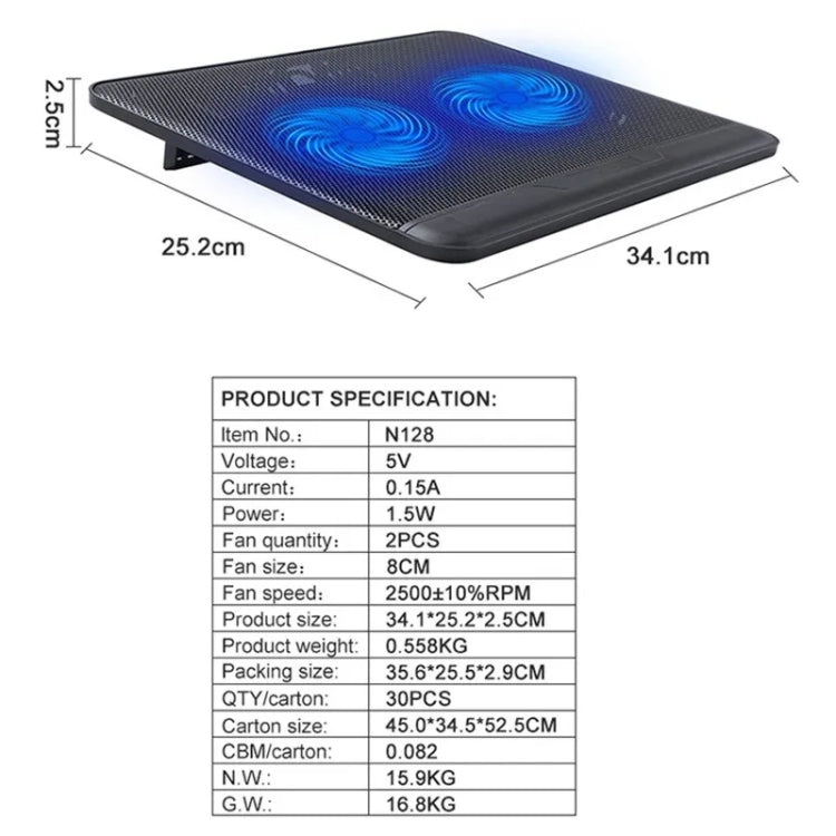 N128 Work Game Dual Fan Laptop Cooling Pad Heat Dissipation Holder with LED Light