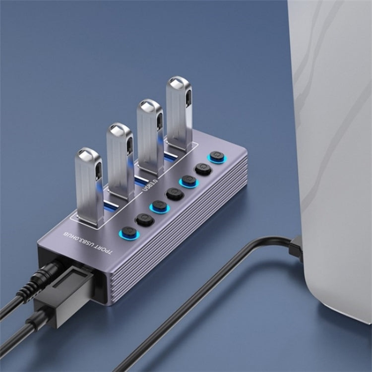 U307 Aluminum Alloy 7-Ports Splitter 5Gbps High Speed USB 3.0 Hub with Independent Switch