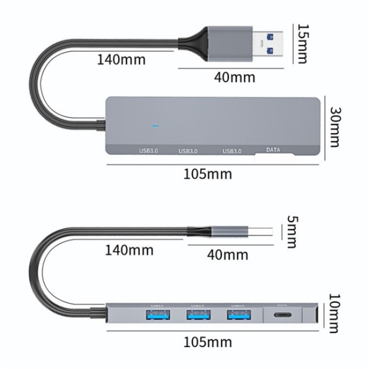 ADS-309A  Aluminum Alloy USB to 3  x USB 3.0 + Type-C Data Port Expansion Hub Adapter