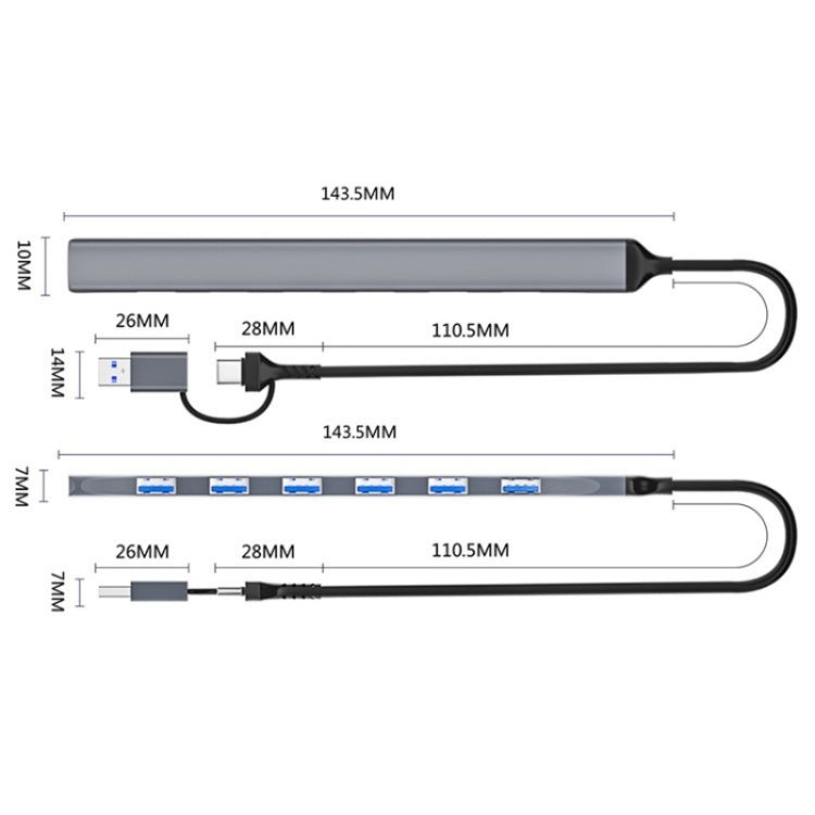 ADS-303D USB + Type-C to USB 3.0 + 6x USB 2.0 Splitter 7-in-1 Multifunctional Hub