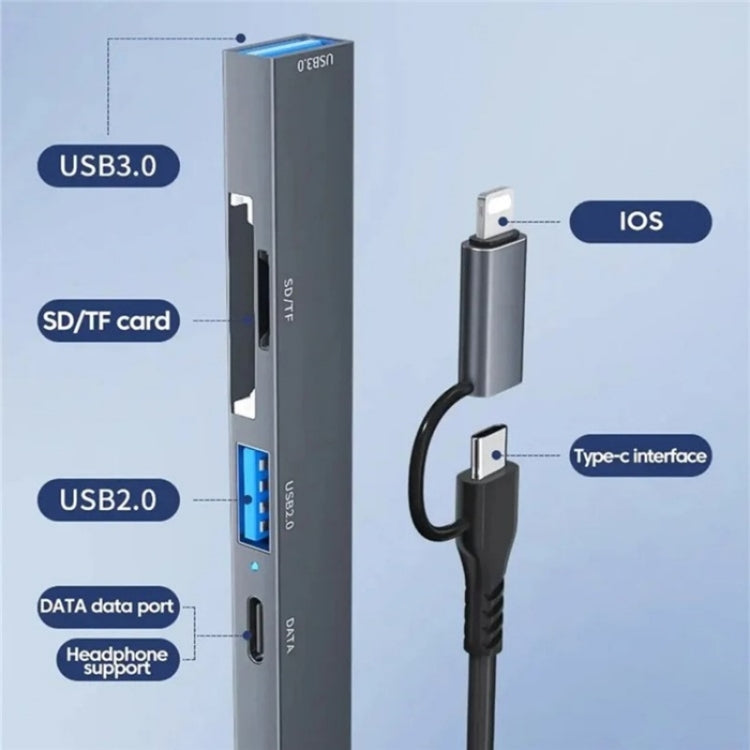 ADS-805 8 Pin + Type-C to USB-C Data + USB 2.0 / 3.0 + SD / TF Card Reader Hub Expansion Converter