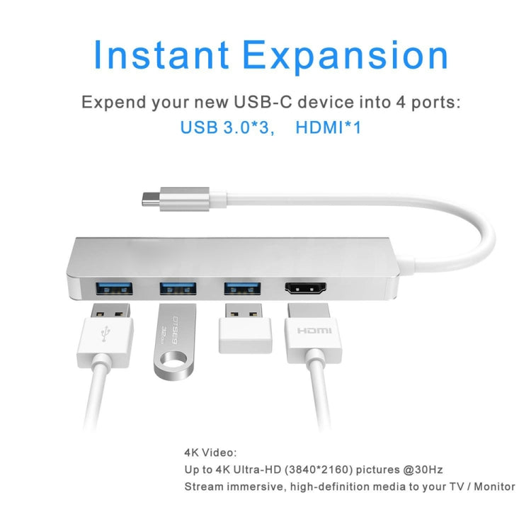 USB-C Hub, Type-C Adapter To HDMI,3 USB 3.0, Portable Aluminum USB C Dongle For MacBook Pro 2018/2017/2016 Chromebook Pixel, DELL XPS13